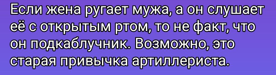 Если жена ругает мужа, а он слушает её с открытым ртом, то не факт, что он подкаблучник. Возможно, это старая привычка артиллериста.