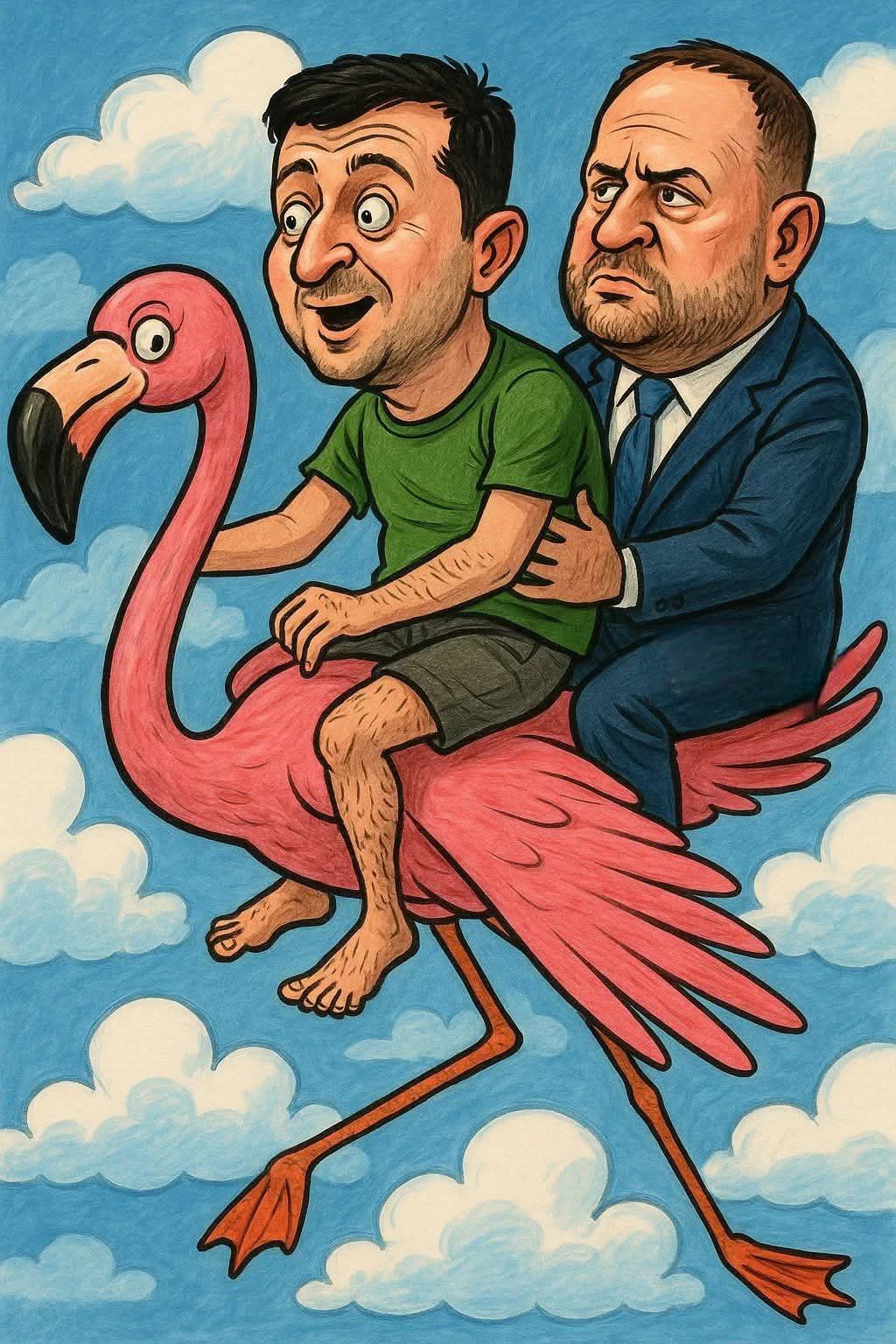 Карикатура: двое мужчин на розовом фламинго в небе