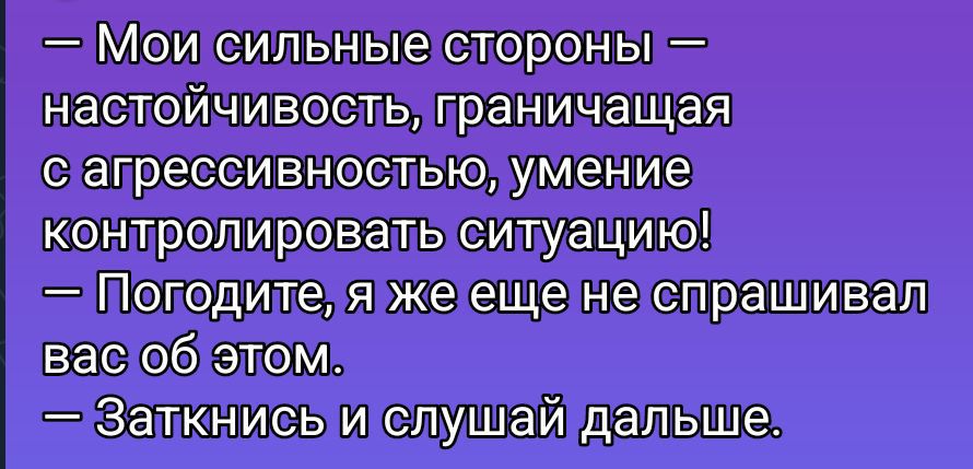 — Мои сильные стороны — настойчивость, граничащая с агрессивностью, умение контролировать ситуацию!
— Погодите, я же еще не спрашивал вас об этом.
— Заткнись и слушай дальше.