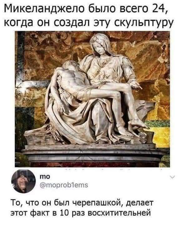 Микеланджело было всего 24, когда он создал эту скульптуру
То, что он был черепашкой, делает этот факт в 10 раз восхитительней