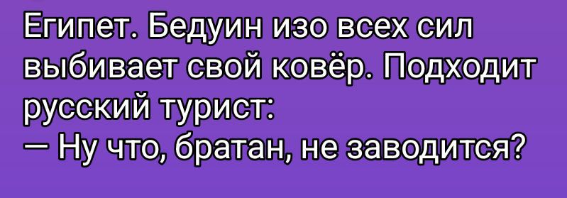 Египет. Бедуин изо всех сил выбивает свой ковёр. Подходит русский турист: — Ну что, братан, не заводится?