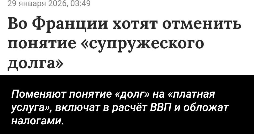 Во Франции хотят отменить понятие «супружеского долга»\n\nПоменяют понятие «долг» на «платная услуга», включат в расчёт ВВП и обложат налогами.