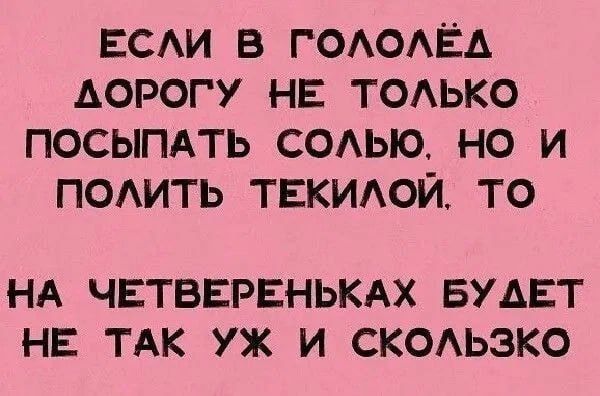 ЕСЛИ В ГОЛОЛЁД ДОРОГУ НЕ ТОЛЬКО ПОСЫПАТЬ СОЛЬЮ, НО И ПОЛИТЬ ТЕКИЛОЙ, ТО НА ЧЕТВЕРЕНЬКАХ БУДЕТ НЕ ТАК УЖ И СКОЛЬКО