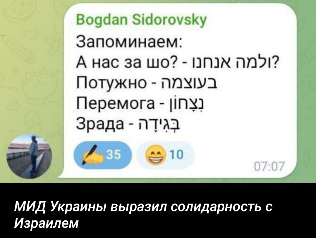 Запоминаем:
А нас за шо? - למה אנחנו?
Потужно - בעוצמה
Перемога - ניצחון
Зрада - בגידה