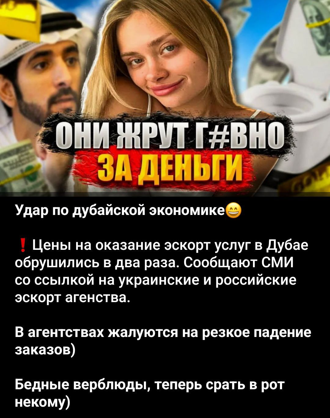 ОНИ ЖРУТ Г#ВО ЗА ДЕНЬГИ
Удар по дубайской экономике
❗ Цены на оказание Escort услуг в Дубае обрушились в две раза. Сообщают СМИ со ссылкой на украинские и российские эскорт агентства.
В агентствах жалуются на резкое падение заказов
Бедные верблюды, теперь срать в рот некому)