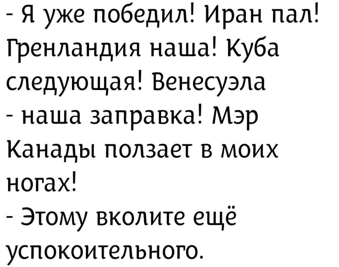 - Я уже победил! Иран пал! Гренландия наша! Куба следующая! Венесуэла - наша заправка! Мэр КанадЫ ползает в моих ногах!
- Этому вколите ещё успокоительного.