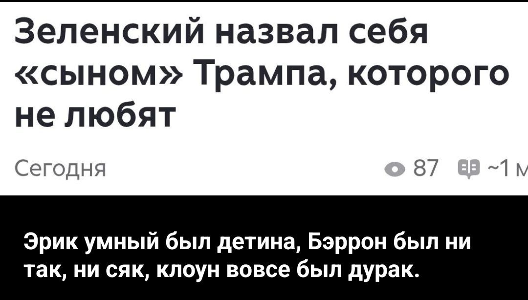 Зеленский назвал себя «сыном» Трампа, которого не любят Сегодня Эрик умный был детина, Бэррон был ни так, ни сяк, клоун вовсе был дурак.