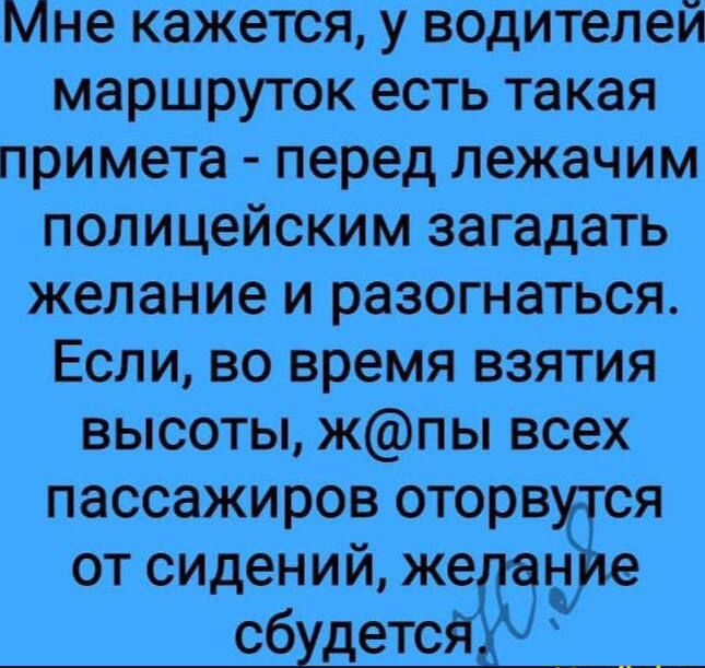 Мне кажется, у водителей маршруток есть такая примета - перед лежачим полицейским загадать желание и разогнаться. Если, во время взятия высоты, ж@пы всех пассажиров оторвутся от сидений, желание сбудется.