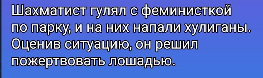 Шахматист гулял с феминисткой по парку, и на них напали хулиганы. Оценив ситуацию, он решил пожертвовать лошадью.