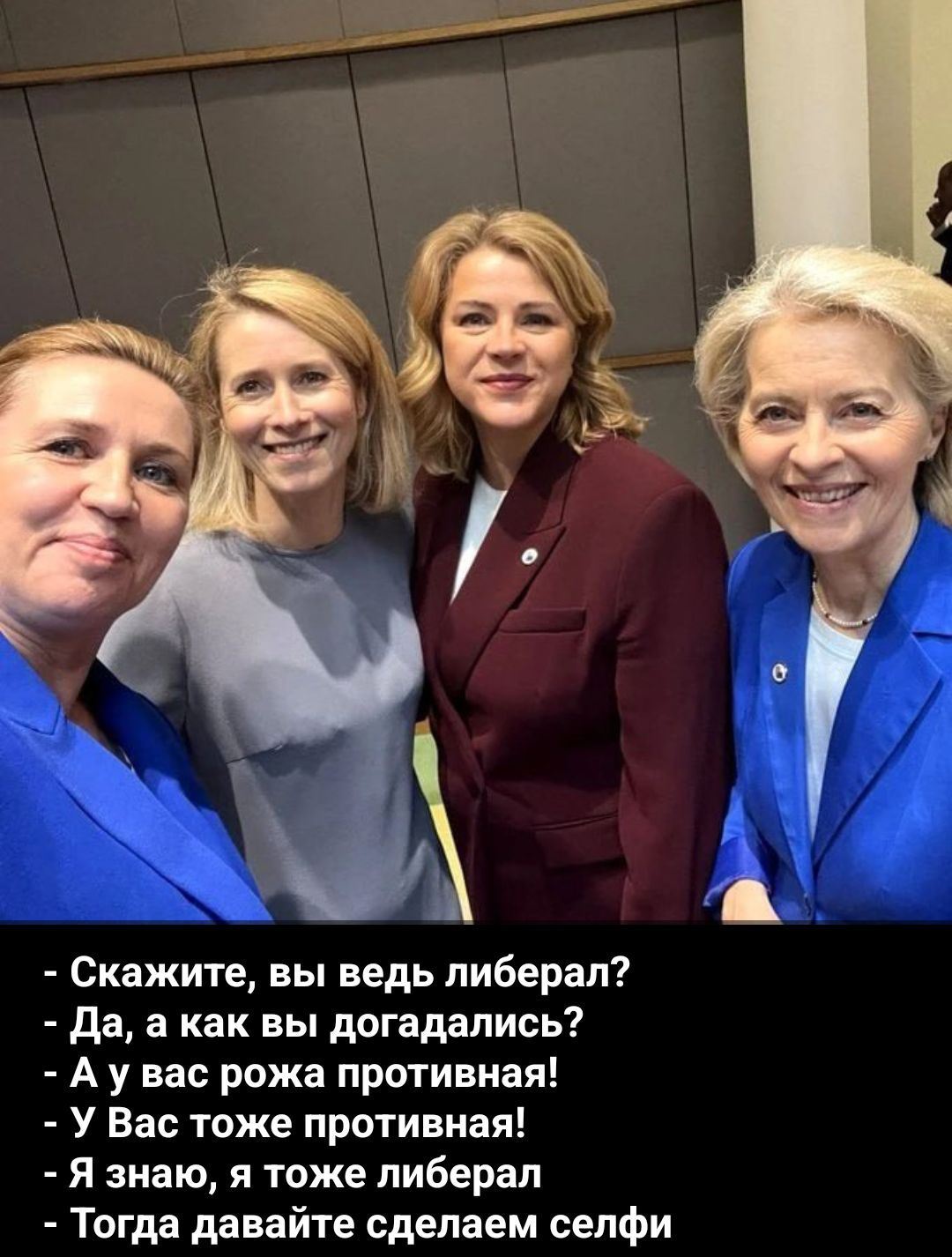 Скажите, вы ведь либерал? Да, а как вы догадались? А у вас рожа противная! У Вас тоже противная! Я знаю, я тоже либерал Тогда давайте сделаем селфи
