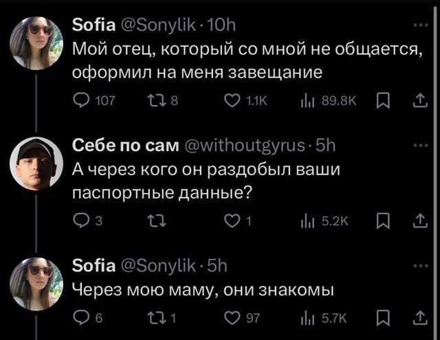 Мой отец, который со мной не общается, оформил на меня завещание. А через кого он раздобыл ваши паспортные данные? Через мою маму, они знакомы.