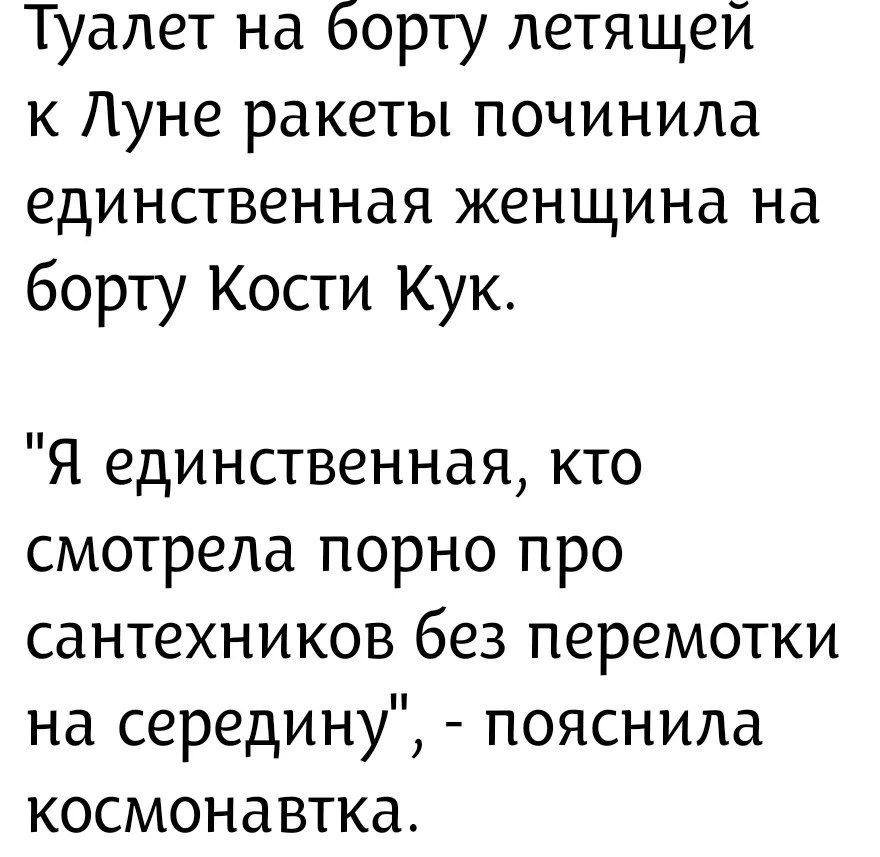 Туалет на борту летящей к Луне ракеты починила единственная женщина на борту Кости Кук. 