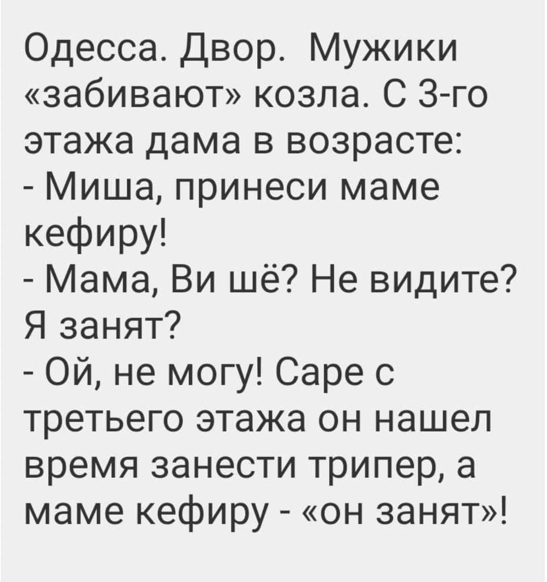 Одесса двор Мужики забивают козла С 3 го этажа дама в возрасте Миша принеси маме кефиру Мама Ви шё Не видите Я занят Ой не могу Саре с третьего этажа он нашел время занести трипер а маме кефиру он занят