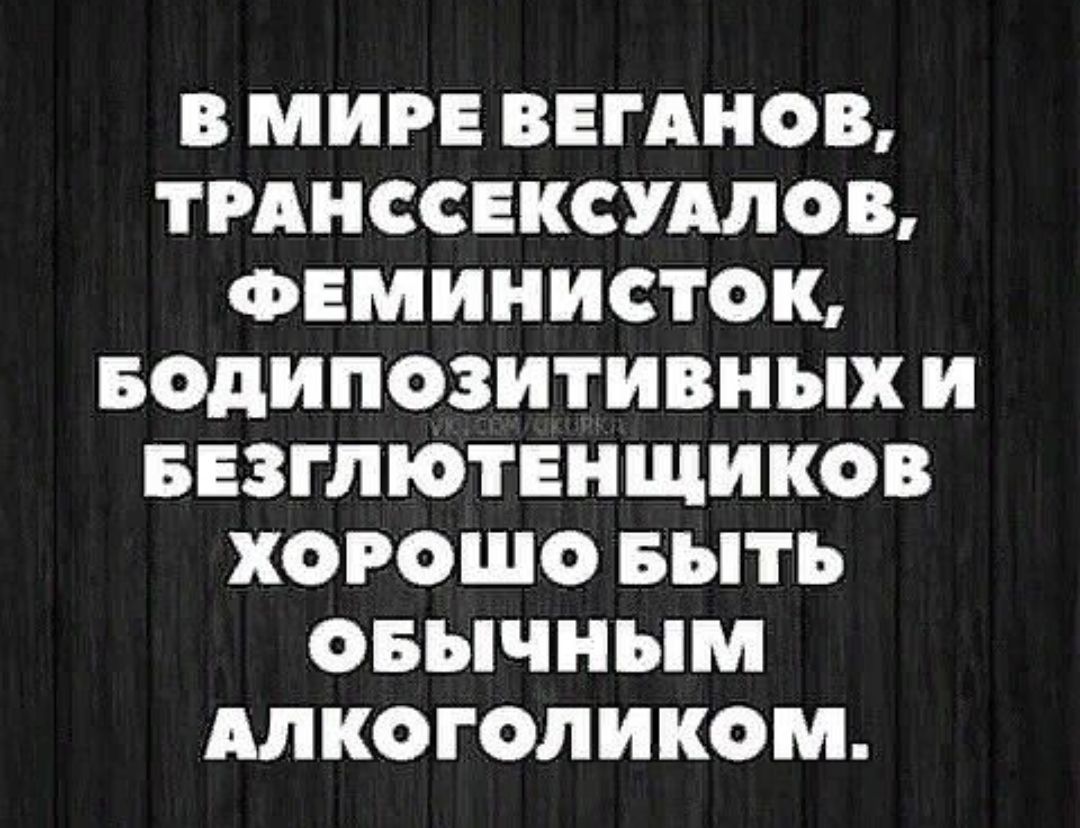 В МИРЕ ВЕГАНОВ ТРАНССЕКСУАЛОВ ФЕМИНИСТОК БОдИПОЗИТИВНЫХ И БЕЗГЛЮТЕНЩИКОВ ХОРОШО БЫТЬ ОБЫЧНЫМ АЛКОГОЛИКОМ
