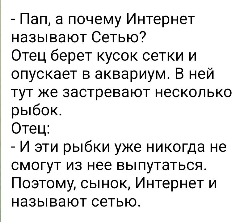 Пап а почему Интернет называют Сетью Отец берет кусок сетки и опускает в аквариум В ней тут же застревают несколько рыбок Отец И эти рыбки уже никогда не смогут из нее выпутаться Поэтому сынок Интернет и называют сетью