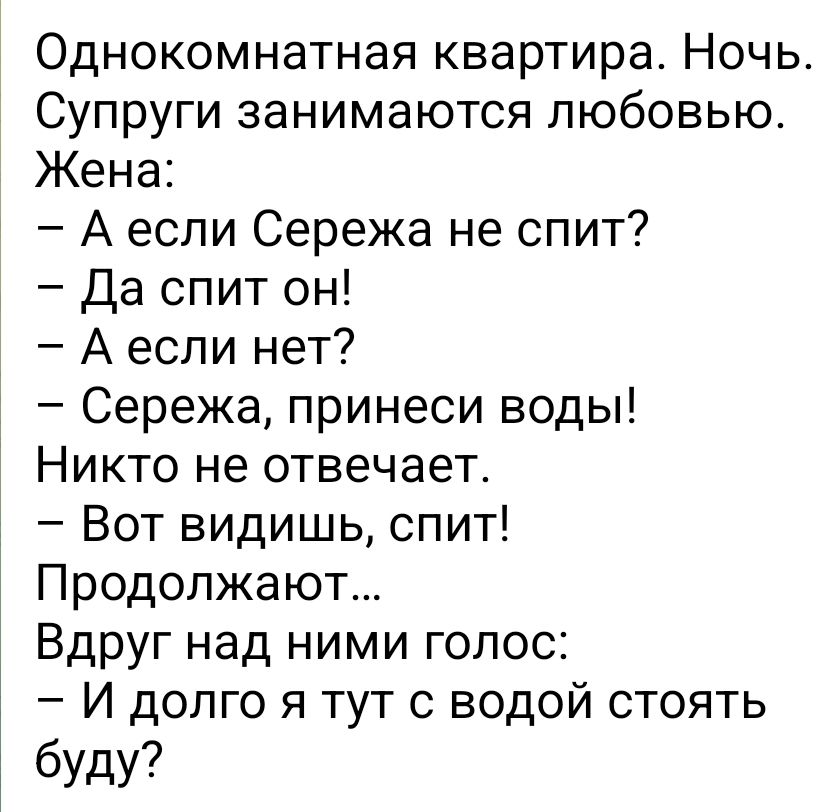 Однокомнатная квартира Ночь Супруги занимаются любовью Жена А если Сережа не спит Да спит он А если нет Сережа принеси воды Никто не отвечает Вот видишь спит Продолжают Вдруг над ними голос И долго я тут с водой стоять буду