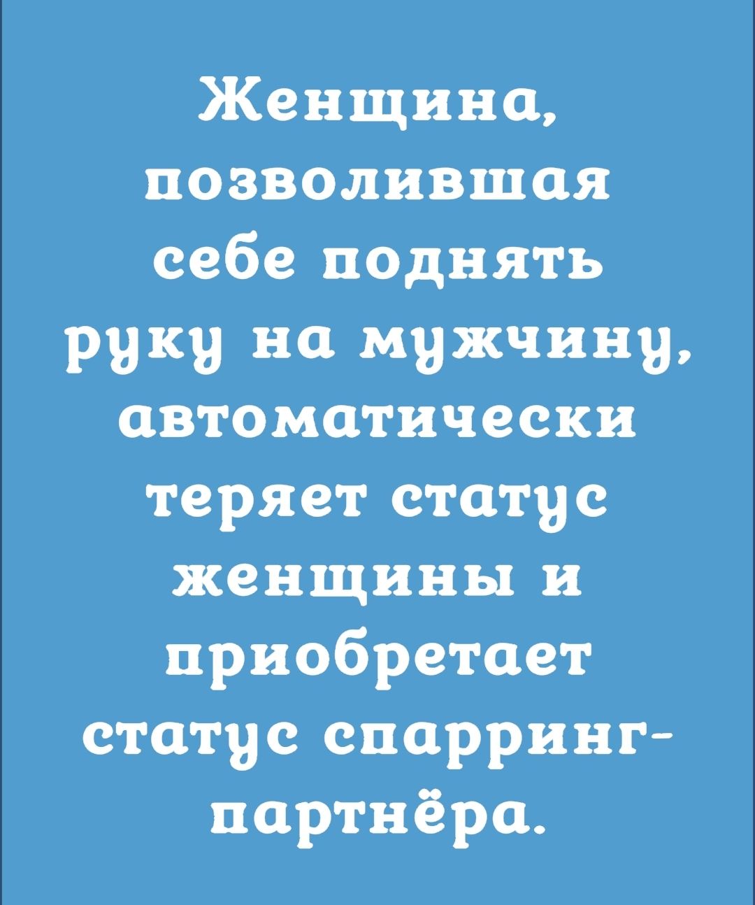 Женщина позволившая себе поднять руку на мужчину автоматически теряет статус женщины и приобретает статус спарринг партнёра