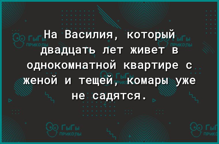 На Василия который двадцать лет живет в однокомнатной квартире с женой и тещей комары уже не садятся
