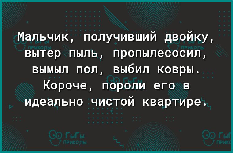 Мальчик получивший двойку вытер пыль пропылесосил вымыл пол выбил ковры Короче пороли его в идеально чистой квартире