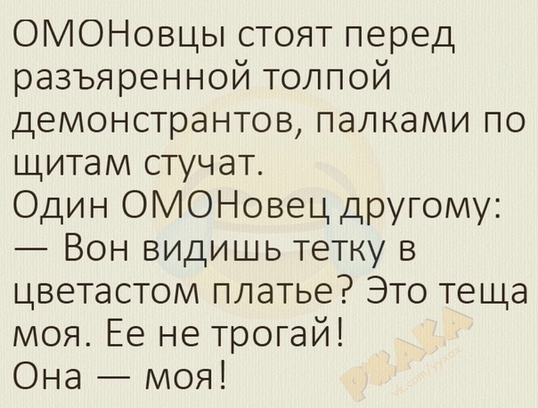 ОМОНовцы стоят перед разъяренной толпой демонстрантов палками по щитам стучат Один ОМОНовец другому Вон видишь тетку в цветастом платье Это теща моя Ее не трогай Она моя