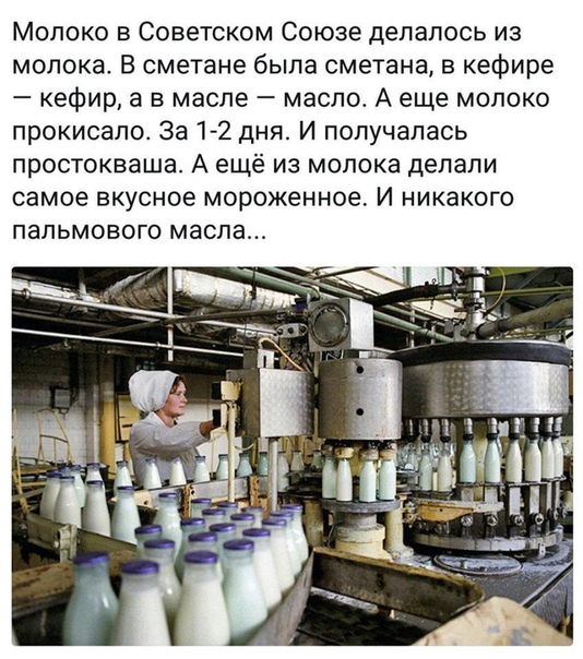 Молоко в Советском Союзе делалось из молока В сметане была сметана в кефире кефир а в масле масло А еще молоко прокисало За 1 2 дня И получалась простокваша А ещё из молока делали самое вкусное мороженное И никакого пальмового масла