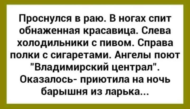 Проснулся в раю В ногах спит обнаженная красавица Слева холодильники с пивом Справа полки с сигаретами Ангелы поют Владимирский централ Оказалось приютила на ночь барышня из ларька
