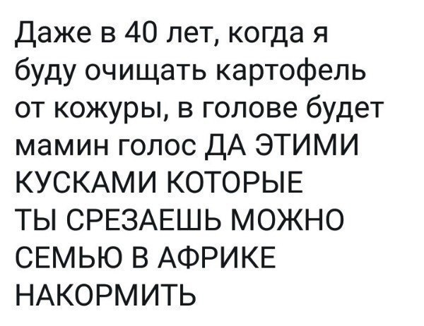 Даже в 40 лет когда я буду очищать картофель от кожуры в голове будет мамин голос ДА ЭТИМИ КУСКАМИ КОТОРЫЕ ТЫ СРЕЗАЕШЬ МОЖНО СЕМЬЮ В АФРИКЕ НАКОРМИТЬ