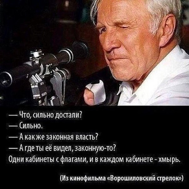Что сильно дошли Сильно А какже законная власть А где ты её видел законную то Одни кабинеты флагами и в каждом кабинете хмырь Из кинофильма Ворошиловский предок
