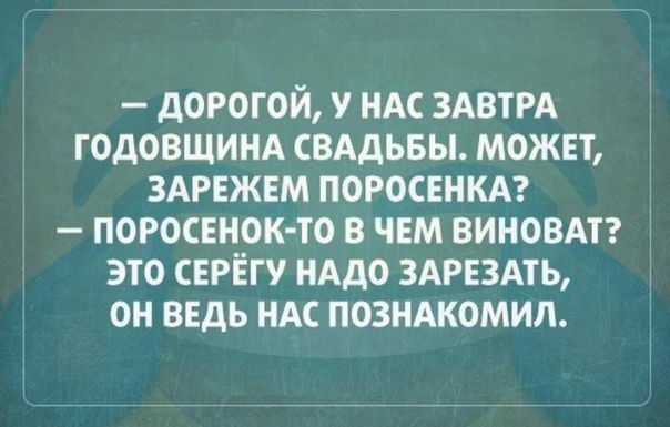 дОРОГОЙ НАС ЗАВТРА ГОДОВЩИНА СВАДЬБЫ МОЖЕТ ЗАРЕЖЕМ ПОРОСЕНКА ПОРОСЕНОК ТО В ЧЕМ ВИНОВАТ ЭТО СЕРЁГУ НАДО ЗАРЕЗАТЬ ОН ВЕДЬ НАС ПОЗНАКОМИЛ