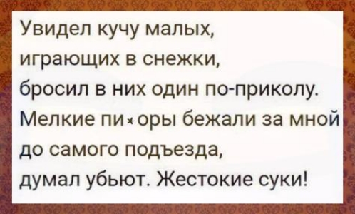 Увидел кучу малых играющих в снежки бросил в них один по приколу Мелкие пиіоры бежали за мной до самого подъезда думал убьют Жестокие суки