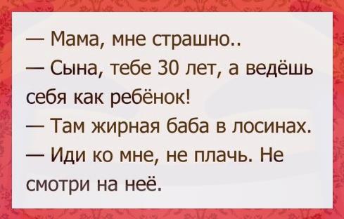 Мама мне страшно Сына тебе 30 лет а ведёшь себя как ребёнок Там жирная баба в посинах Иди ко мне не плачь Не смотри на неё