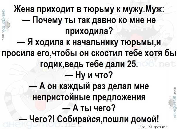 Жена приходит в тюрьму к мужуМуж Почему ты так давно ко мне не приходила Я ходила к начальнику тюрьмыи просила егочтобы он скостил тебе хотя бы годикведь тебе дали 25 Ну и что А он каждый раз делал мне непристойные предложения А ты чего Чего Собирайсялошли домой