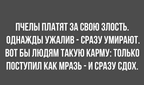 ПЧЕЛЫ ПЛАТЯТ ЗА СВОЮ ЗПОСТЬ ОДНАЖДЫ УЖАПИВ СРАЗУ УМИРАЮТ ВОТ БЫ ЛЮДЯМ ТАКУЮ КАРМУ ТОЛЬКО ПОСТУПИЛ КАК МРАЗЬ И СРАЗУ ВДОХ