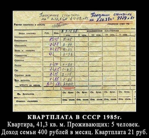 КВАРТПЛАТА В СССР 1985г Квартира 413 кв м Проживающих 5 человек Доход семьи 400 рублей в месяц Квартплата 21 руб