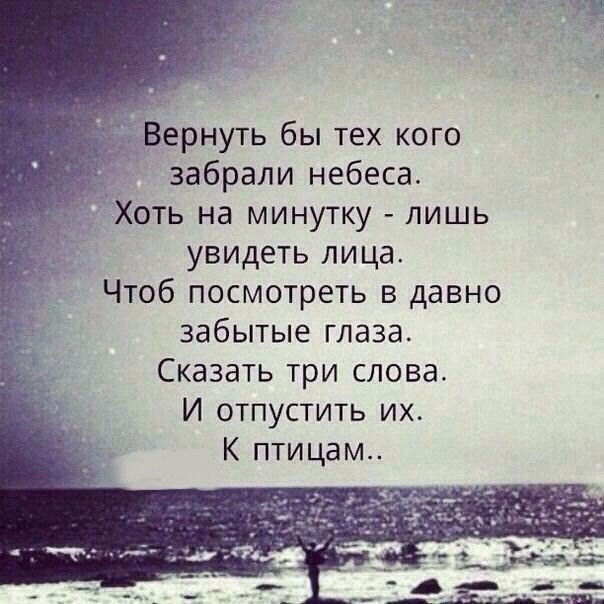Вернуть бы тех кого забрали небеса Хоть на минутку лишь увидеть лица Чтоб посмотреть в давно забытые глаза Сказать три слова И отпустить их К птицам