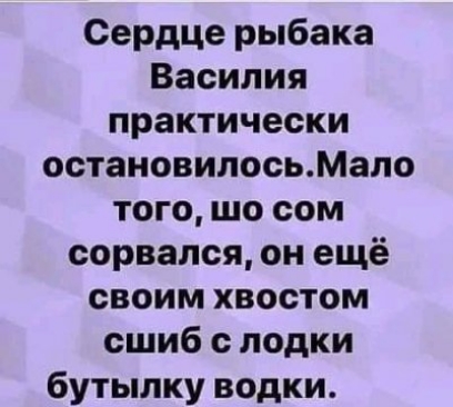 Сердце рыбака Василия практически остановилосьМало того шо сом сорвался он ещё своим хвостом сшиб лодки бутылку водки