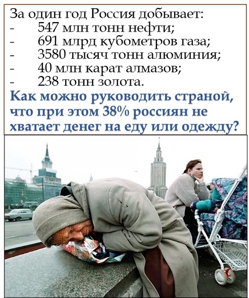 За один год Россия добывает 547 мин тонн нефти 691 млрд кубометров газа 3580 тысяч тонн а_гпоминия А 40 млн карат апмазов 238 тоъш золота Как можно руководить страной что при этом 38 россиян не хватает денег на еду или одежду