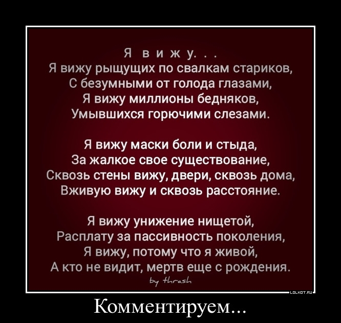 Я в и ж у Я вижу рыщущих по свапкам стариков С безумными от голода глазами Я вижу миллионы бедняков Умывшихся горючими слезами Я ВИЖУ маски бОЛИ И стыда За жалкое свое существование Сквозь стены вижу двери сквозь дома Вживую вижу и сквозь расстояние Я вижу унижение нищетой Расплату за пассивность поколения Я вижу потому что я живой А кто не видит мертв еще с рождения ь нь Комментируем
