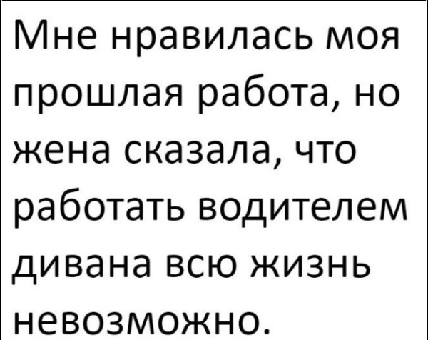 Мне нравилась моя прошлая работа но жена сказала что работать водителем дивана всю жизнь невозможно