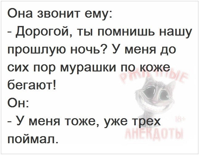 Она звонит ему Дорогой ты помнишь нашу прошлую ночь У меня до сих пор мурашки по коже бегают Он У меня тоже уже трех поймал