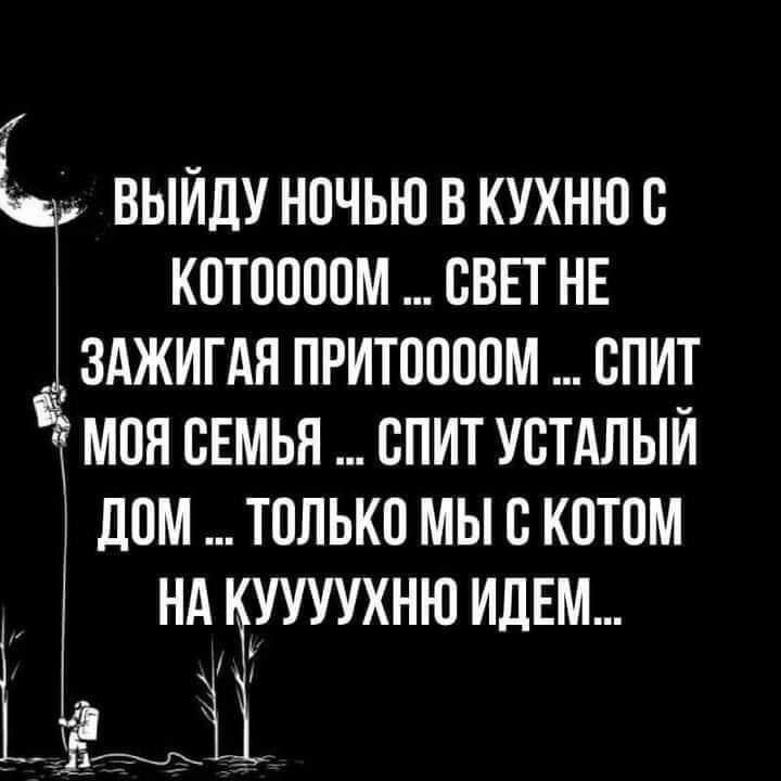 выйду ночью в кухнюс кптппоом свет нв _ зджигдя притшпюм спит моя сЕмья спит устдлый дом только мы с котом нд туууухню ИДЕМ ЕЦ