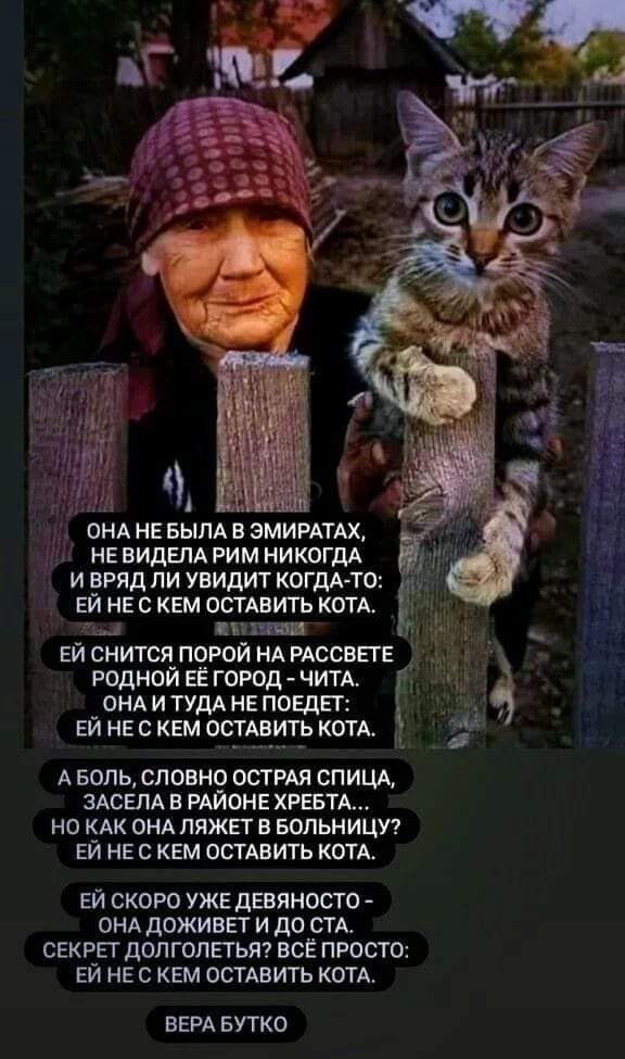 ОНА НЕ БЫЛА В ЗМИРАТАХ НЕ ВИДЕПА РИМ НИКОГДА И ВРЯД П И УБИДИТ КОГДА ТО ЕИ НЕ С КЕМ ОСТАВИТЬ КОТА д КП ЕЙ снится порой НА РАССВЕТЕ родной ЕЁ город ЧИТА ОНАИТУДА не повдп ЕЙ не с кем ОСТАВИТЬ КОТА А БОЛЬ словно острдя спицд ЗАСЕЛА в РАЙОНЕ ХРЕБТА но кдк онд ляжп в вольницзп ЕЙ НЕ с кем ОСТАВИТЬ котд ЕЙ СКОРО УЖЕ дЕВЯНОСТО ОНА ДОЖИВЕТ И до СТА СЕКРЬГ дОЛГОЛЕТЬЯ ВСЁ ПРОСТО ЕЙ НЕ С КЕМ ОСТАВИТЬ КОТА В