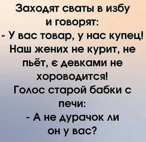 Заходят сваты в избу и говорят У вас товар у нас купец Наш жених не курит не пьёт е девками не хороводится ГОАОС старой бабки с печи А не дурачок АИ он у вас