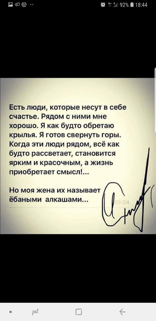 Есть люди которые несут в себе счастье Рядом с ними мне хорошо Я как будто обретаю крылья я готов свернуть горы Когда эти люди рядом всё как будто рассветает становится ярким и красочным а жизнь приобретает смысл Но моя жена их называет ёбаными алкашами
