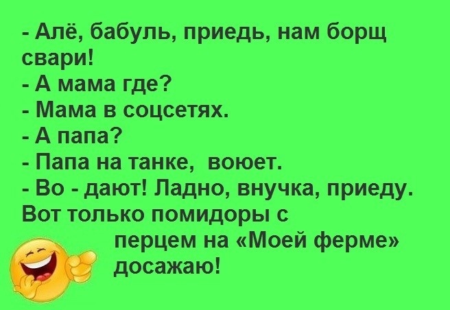 Алё бабуль приедь нам борщ свари А мама где Мама в соцсетях А папа Папа на танке воюет Во дают Ладно внучка приеду Вот только помидоры с перцем на Моей ферме досажаю