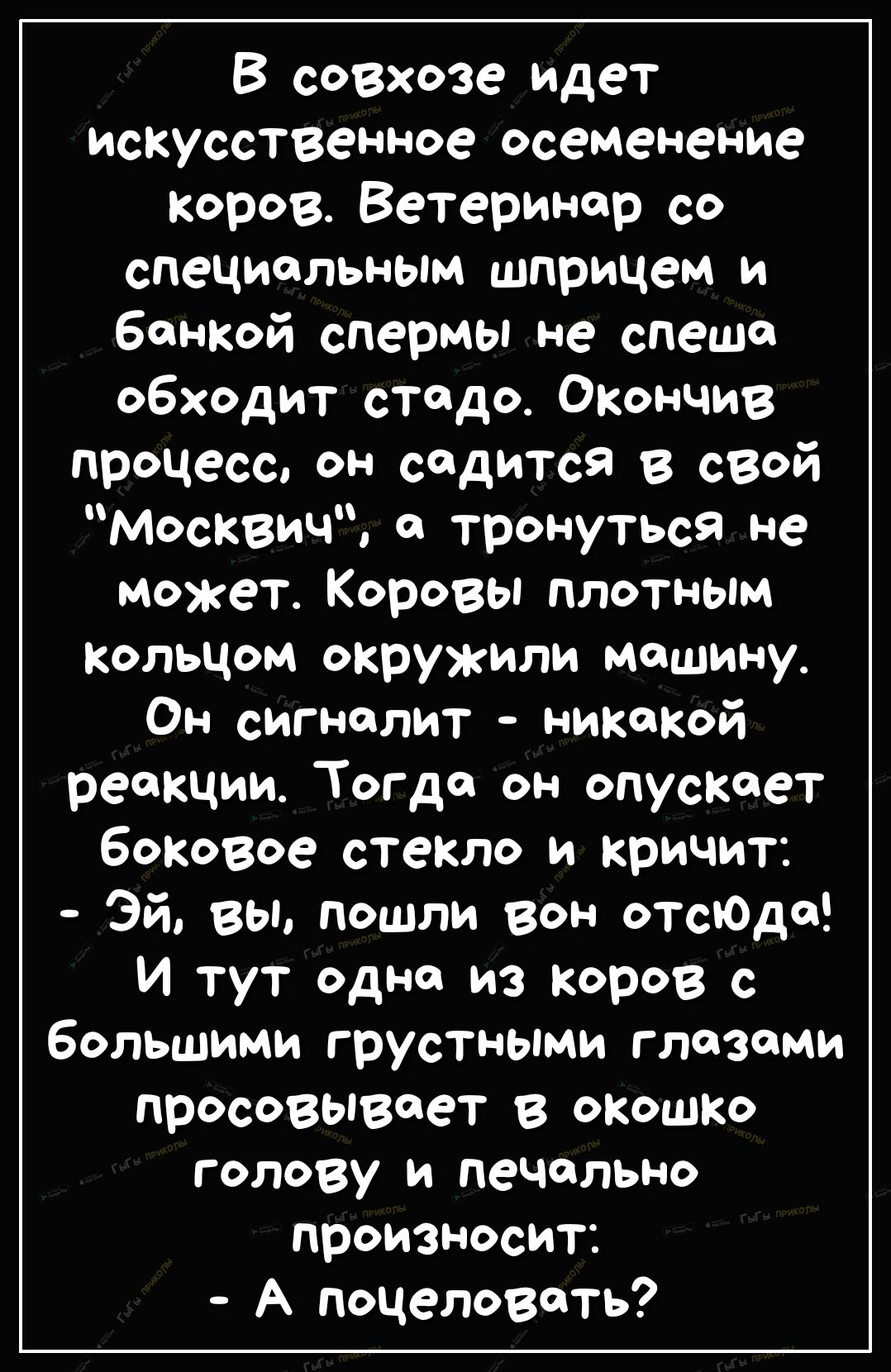 В созхозе идет искусственное осеменение коров Ветеринар со специальным шприцем и банкой спермы не спеша обходит стадо Окончив процесс он садится в СВОЙ МОСКВИЧ тронуться не может Коровы плотным Кольцом окружили машину Он сигналит никакой реакции Тогда он опускает боковое стекло и кричит Эй вы пошли вон отсЮдо И тут одна из коров с большими грустными глазами просовывеет в ОКОШКО голову и печально п