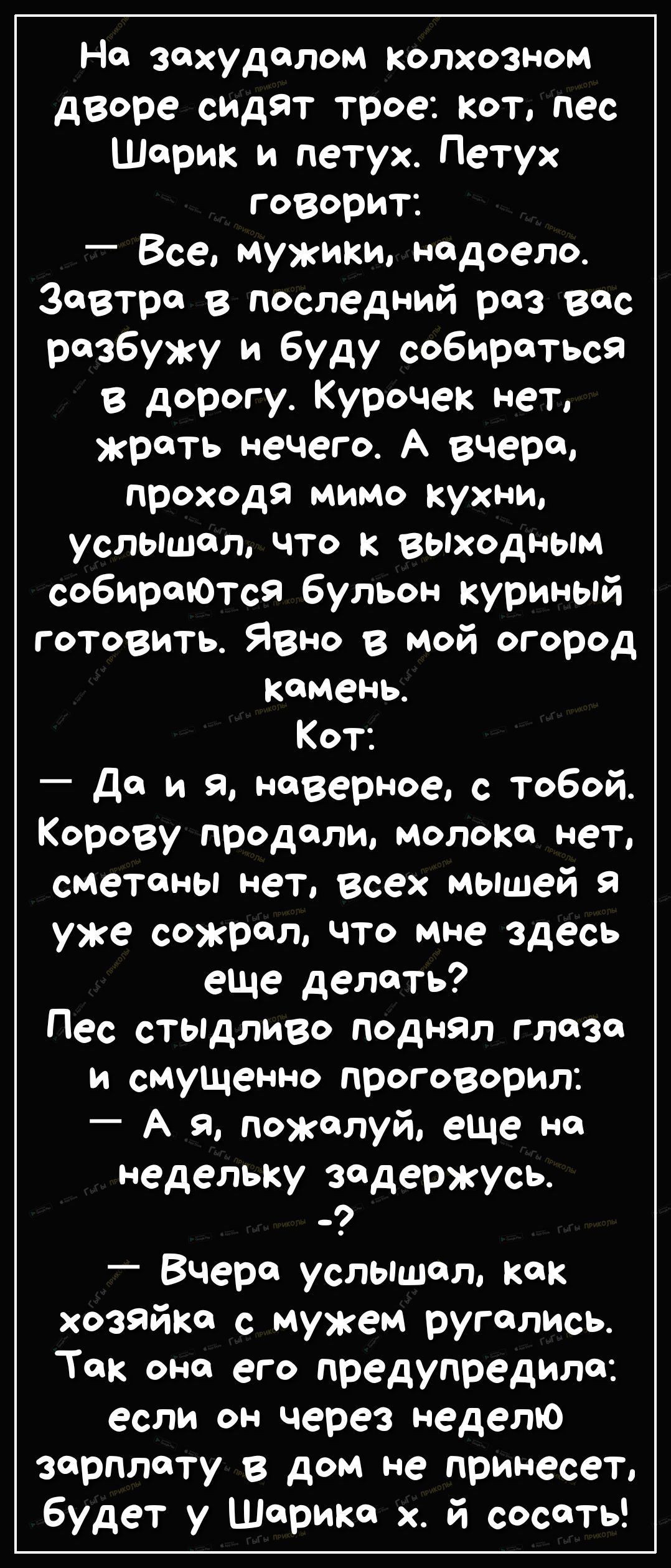 На захудалом колхозном дворе сидят трое кот пес Шарик и петух Петух говорит _ Все мужики надоело Завтра в последний раз вес разбужу и буду собираться в дорогу Курочек нет жрать нечего А вчера проходя мимо кухни услышал что к выходным собиреюТся бульон куриный готовить Явно в мой огород камень Кот _ да и Я наверное с тобой Корову продали молока нет сметены нет Всех мышей Я уже сожрал что мне здесь 