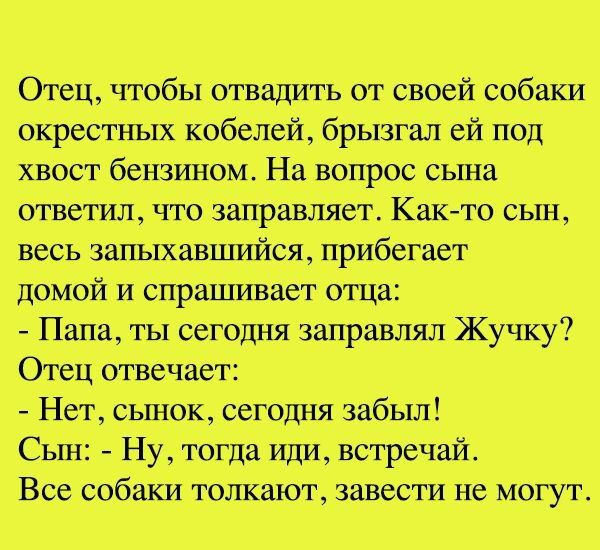 Отец чтобы отвадить от своей собаки окрестных кобелей брызгал ей под хвост бензином На вопрос сына ответил чтозаправляет Както сын весь запыХавшийся прибегает домой И спрашивает отца Папа ты сегодня заправлял Жучку Отец отвечает Нет сынок сегодня забыл Сьгн Ну тогда Иди встречай Всесобаки толкают завести не могут