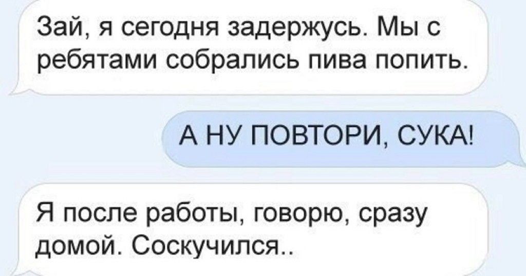 Зай я сегодня задержусь Мы с ребятами собрались пива попить А НУ ПОВТОРИ СУКА Я после работы говорю сразу домой Соскучипся