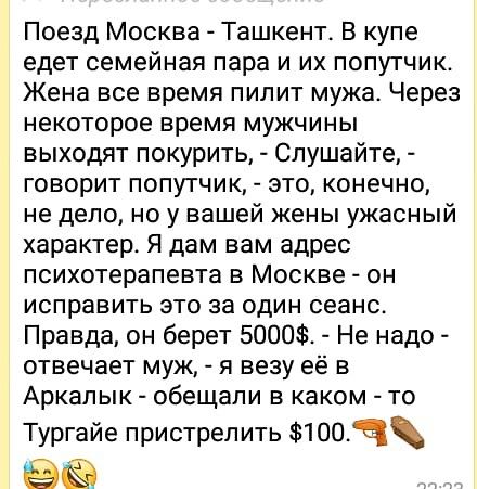 Поезд Москва Ташкент В купе едет семейная пара и их попутчик Жена все время пилит мужа Через некоторое время мужчины выходят покурить Слушайте говорит попутчик это конечно не дело но у вашей жены ужасный характер Я дам вам адрес психотерапевта в Москве он исправить это за один сеанс Правда он берет 5000 Не надо отвечает муж я везу её в Аркалык обещали в каком то Тургайе пристрелить 100Ч
